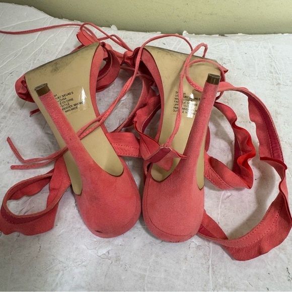 ShoeDazzle Shirah Ruffle Lace Up Heels Coral Pink Sandals Strap Adjustable Shoes - Picture 16 of 16
